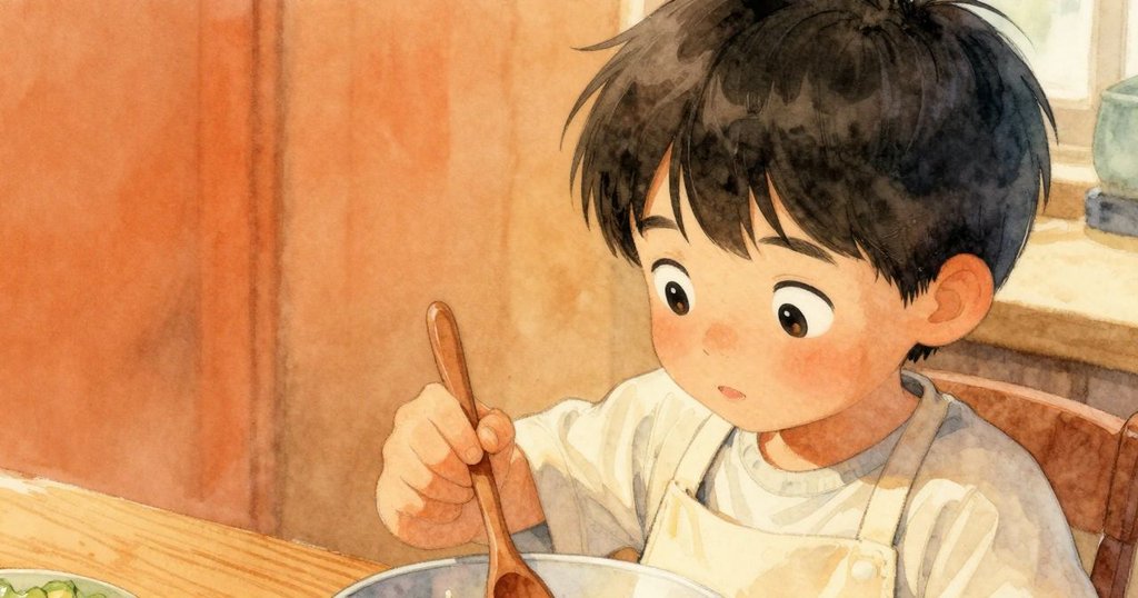 孩子手中拿著木勺，近距離特寫碗邊細節，燈光溫暖，展現木質紋理與光滑陶瓷質感