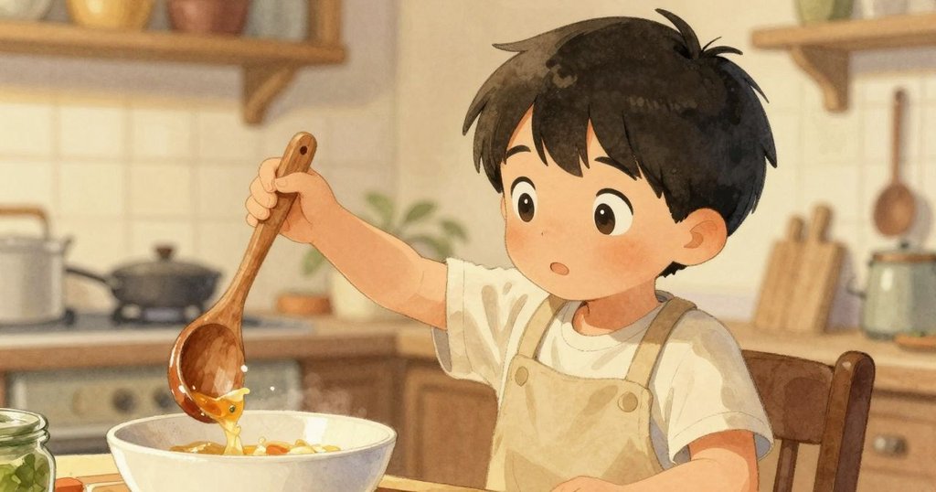 從孩子背後視角看見孩子使用木勺，碗滑向手邊，動態展現手臂調整，廚房溫暖燈光中