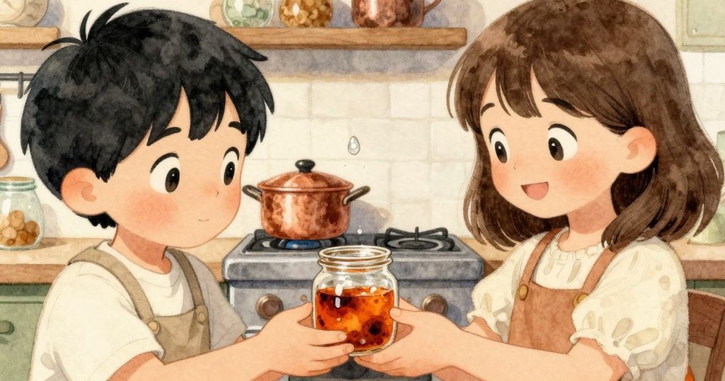 孩子與成年女子手中交換小罐子，鋼面上水滴閃爍，突顯家居溫馨細節，展現合作信任之情