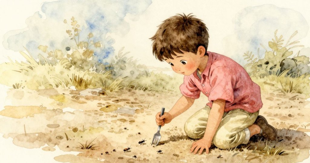 小男孩在粗糙的小徑上跪著，用塑料叉探索大自然，周圍有小昆蟲和閃光的石頭，展現好奇心與活力