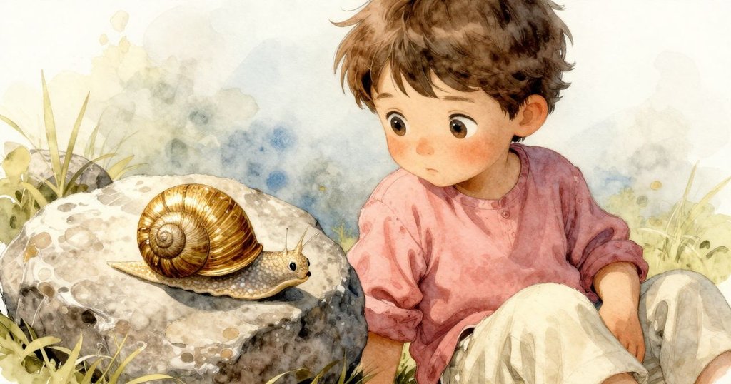 小男孩專注地注視石頭上閃亮的銀螺線，眼神充滿好奇和驚喜，展現出探索的情感