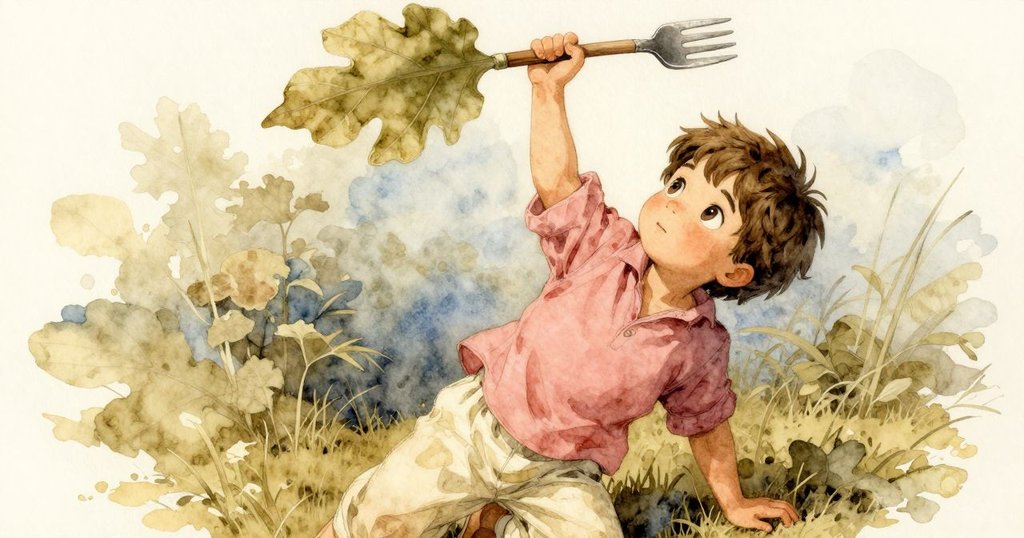 小男孩用塑料叉輕輕撥起一片大葉子，土壤緊附在叉上，傾斜角度展現了他探索的動作和好奇心