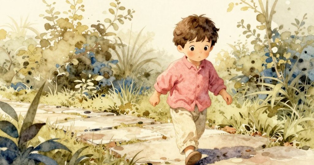 小男孩發現附近平坦的石頭，正充滿期待地走向它，背景中有知更鳥和自然綠意，展現出轉變與前進