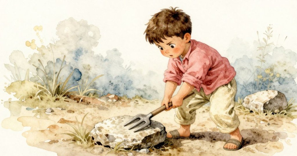 小男孩全神貫注地用塑料叉挑起平坦的石頭，臉上流露出堅定與努力的神情，呈現出掙扎的過程