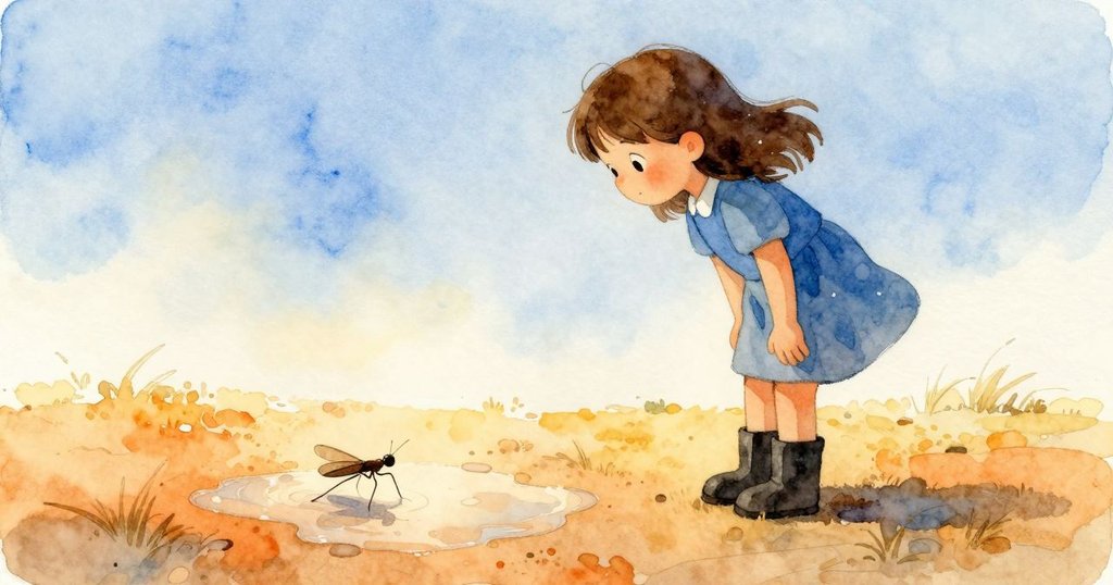 Flora 站在濕潤的水坑邊，她目光注視著水面上快速滑行的小水黽，背景晨曦映照，充滿好奇與期待