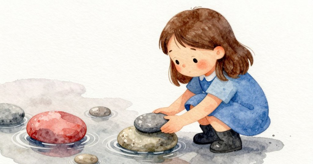 Flora 手中拿著一塊扁石，周圍濕潤石頭與波光粼粼的水面展現準備拋入水中的瞬間