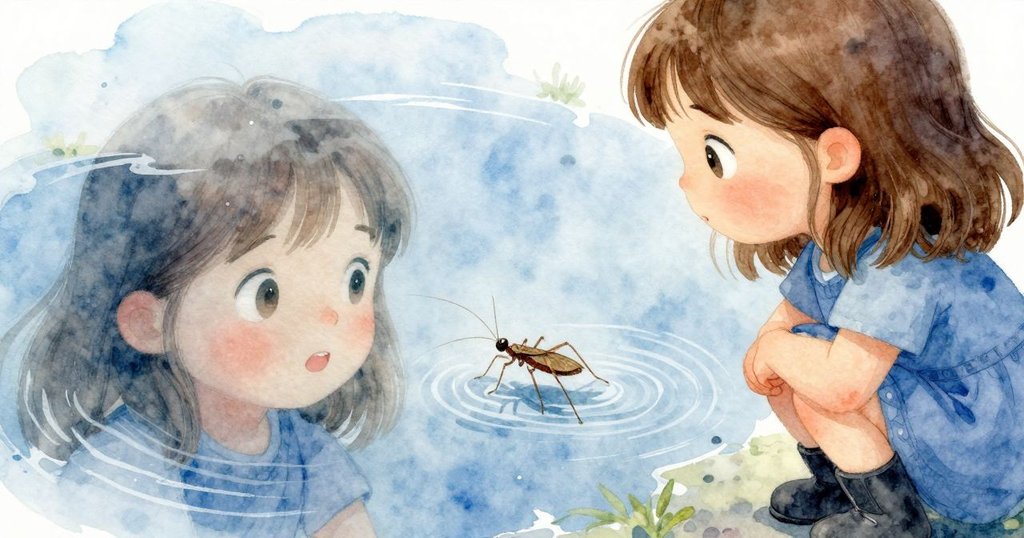 Flora 的倒影在波光中顯現，她與水面上迅捷的小水黽同框，表情充滿驚奇與沉思