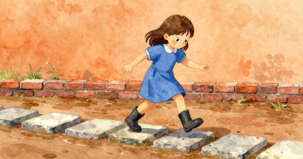 Flora 跨步走進戶外泥濘小徑，踏上平整石頭，周圍的濕石與低矮磚牆在晨光中呈現自然屏障