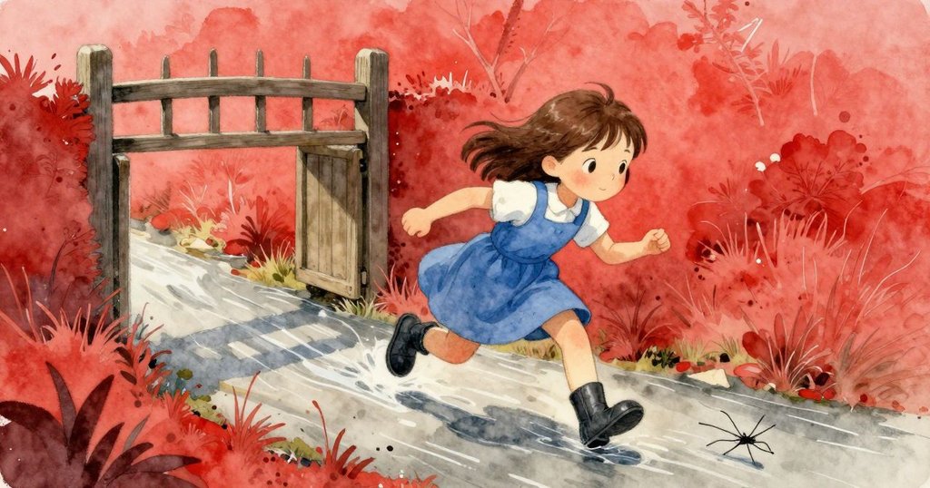 Flora 奔跑追逐迅捷的小水黽，小水流穿過老門，葉片隨風飄動，捕捉追逐過程中的緊湊與活力