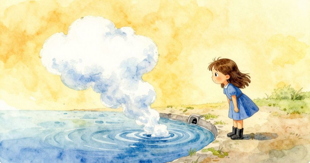 Flora 靜靜站在水孔邊，注視水面上搖曳明亮的雲朵，背景展現開闊地平線，流露出對未來冒險的希望