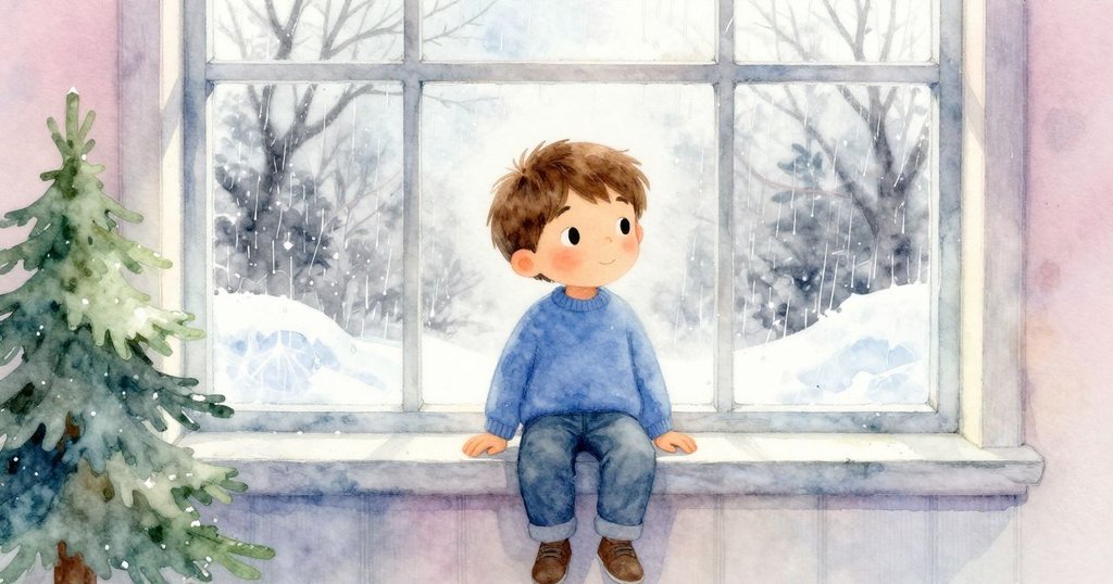 Pierce坐在窗邊，輪廓映在灰色雨光下，室內溫柔燈光映襯外面細雨，神情專注沉思