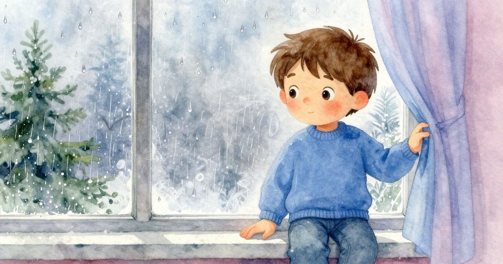 Pierce觀察玻璃上滑落的雨珠輕拍藍色衣袖，玻璃質感清涼，細節展現室內雨中互動