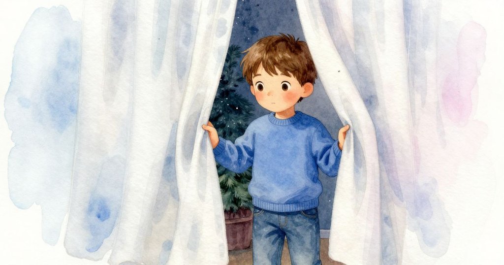 窗簾輕擺透露隱藏角落，灰塵悄落鼻尖，室內細節豐富呈現神秘與溫柔氣氛