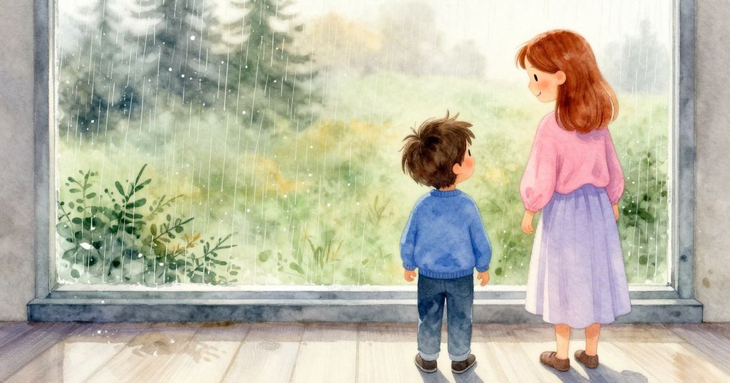 Oona走向窗外離開，雨中綠野與金色光暈交織，Pierce靜坐微笑告別，情景溫馨含蓄展現旅程結束