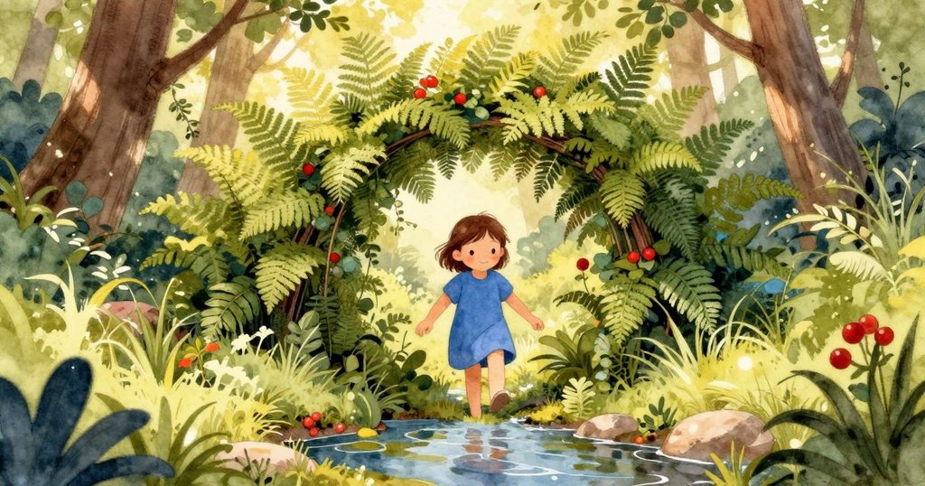 Nora在溪邊踏入蕨葉拱門,陽光灑落,樹影搖曳,展現踏入探險之旅的喜悅與期待