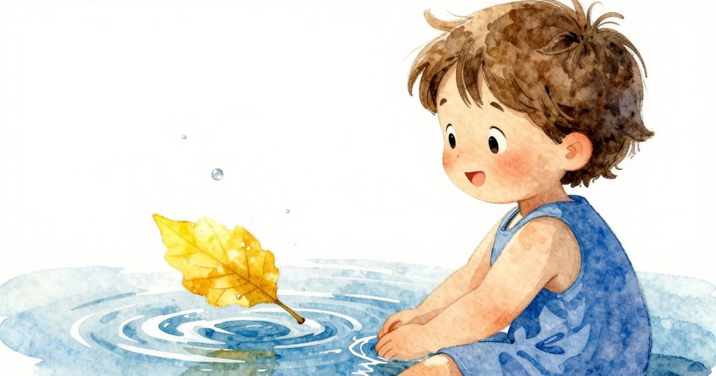 Nora凝視水面上旋轉的金黃樹葉,水珠閃爍,展現大自然細膩質感與活躍情境