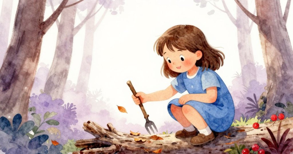 Nora蹲在倒木旁,用分叉小枝輕觸漂流樹葉,展現童趣與親近大自然的溫馨互動