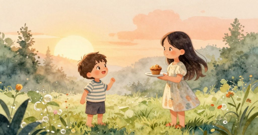 小男孩Ned手持盤子與鬆餅，在晨霧中站在露珠草地上，妹妹June在旁畫行星，場景溫暖柔和。