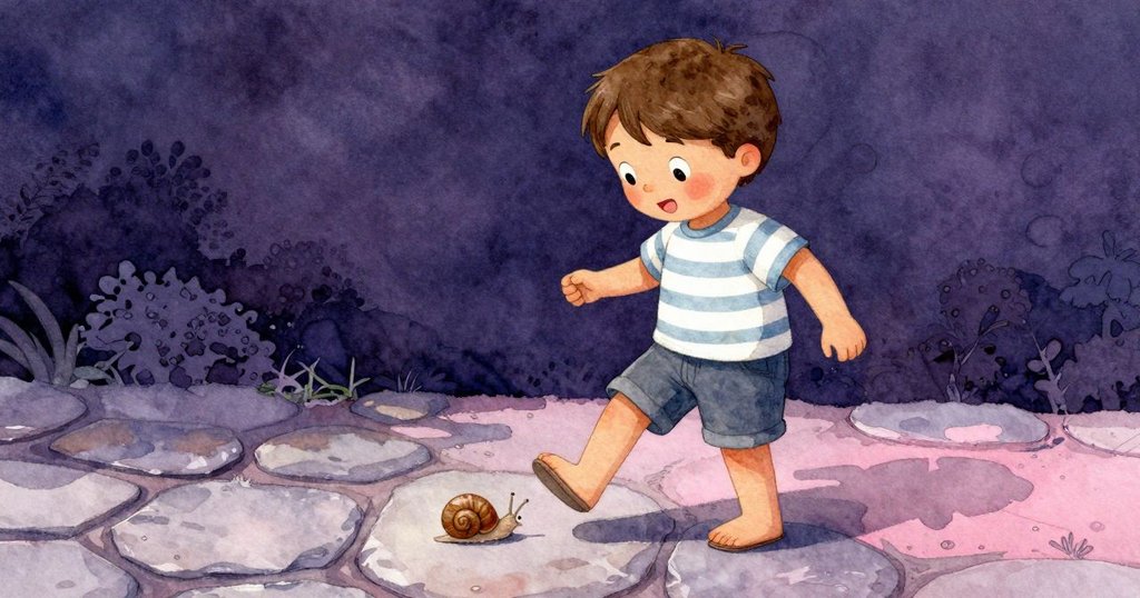 Ned在石徑上行走，腳踩到閃亮蝸牛黏液，表情驚訝，環境透出晨光與濕潤感。