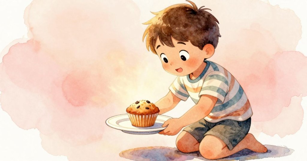 Ned俯身穩定盤子，臉上流露出專注與鬆一口氣的神情，背景為晨光石徑。