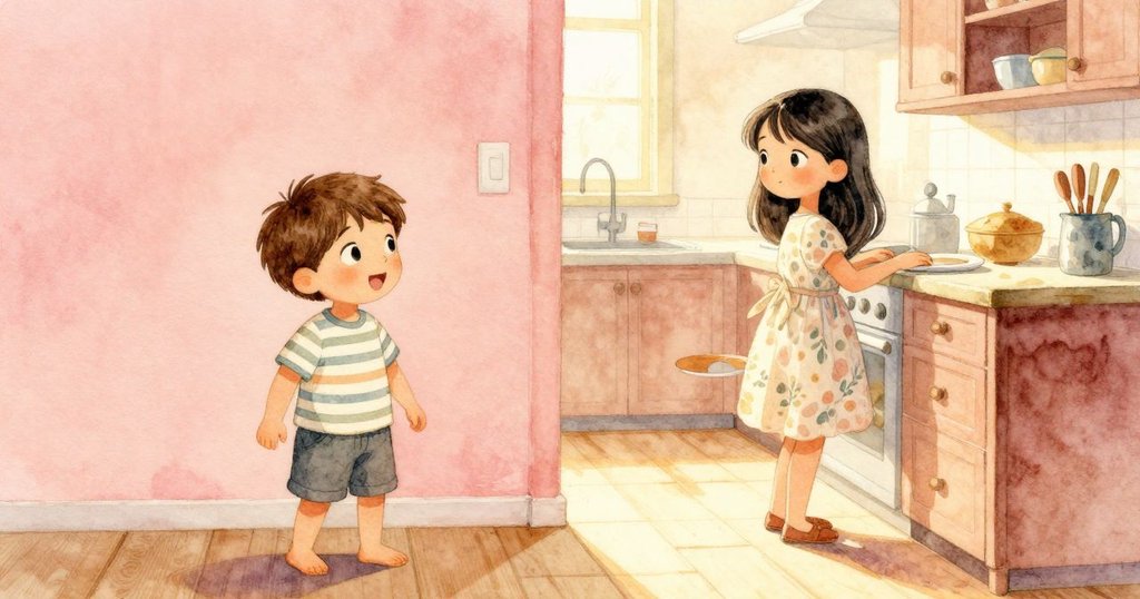 Ned端著盤子進入溫暖廚房，妹妹June仰望，廚房內光線柔和迎接，充滿家庭溫馨。