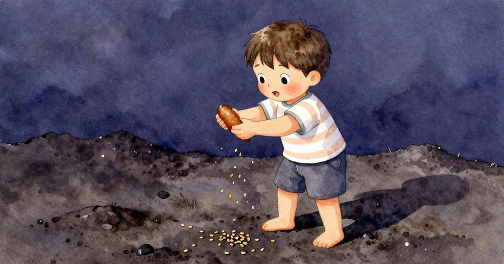 Ned在戶外搖動乾莢播撒種子，手中小心收集散落的種子，濕潤土壤映襯下充滿挑戰。