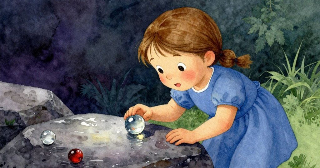 哈蒂彎腰仔細查看石上透明玻璃珠,雨後靜謐庭院中散發柔和光芒,充滿好奇心