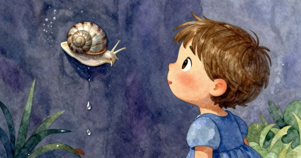 從背後看哈蒂正注視牆邊滴水,水滴在屋檐與濕地間搖擺,柔和光線下充滿探索意味