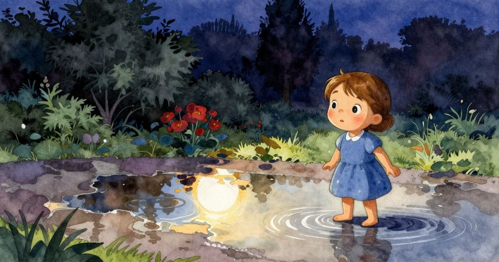 哈蒂站在庭院中觀察時間流轉,晨光與暮色交替,滴水入水坑形成柔和波紋,氛圍寧靜而美麗