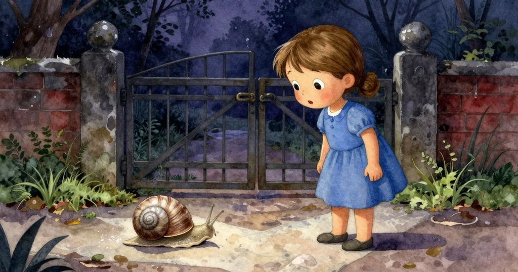 哈蒂停在濕潤庭院岔路口,注視一隻緩行蝸牛靠近老舊大門,神情沉思展現內心掙扎