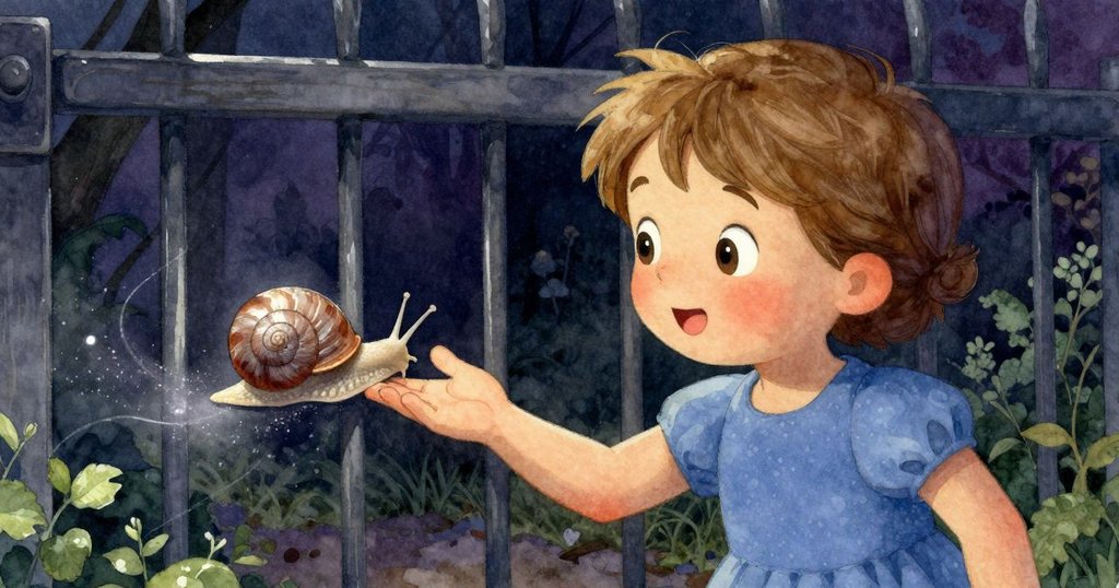 哈蒂伸出手輕觸蝸牛,蝸牛緩慢蠕動至大門下,柔和光線映襯下展現溫柔交流,感情真摯