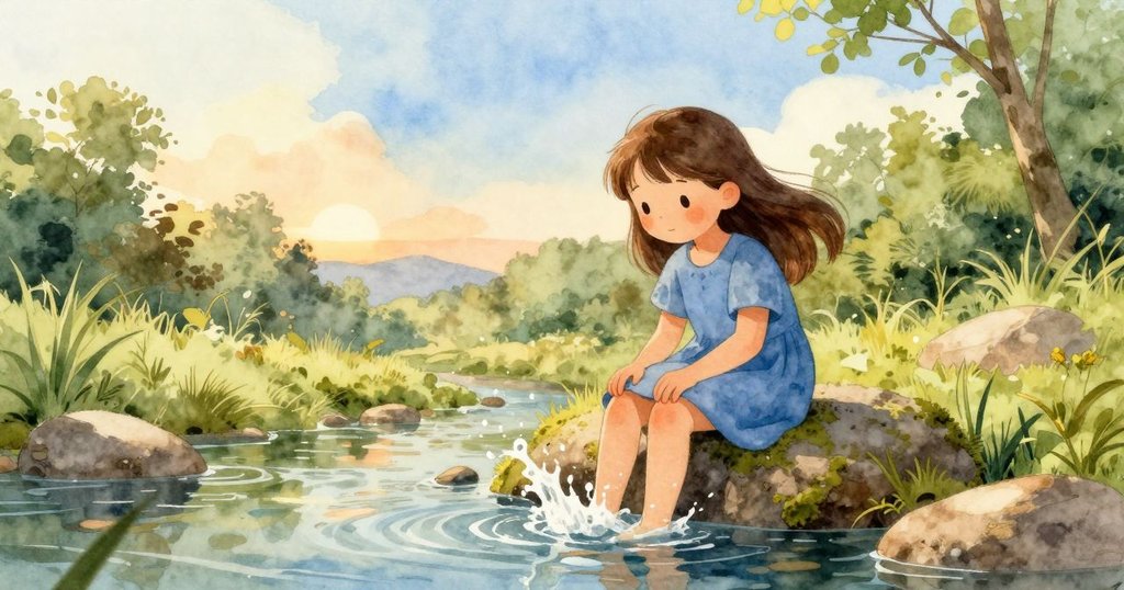 在陽光灑落的溪邊，Vera坐在苔蘚石上靜靜欣賞流水與石頭，展現平和自然的情境與微笑