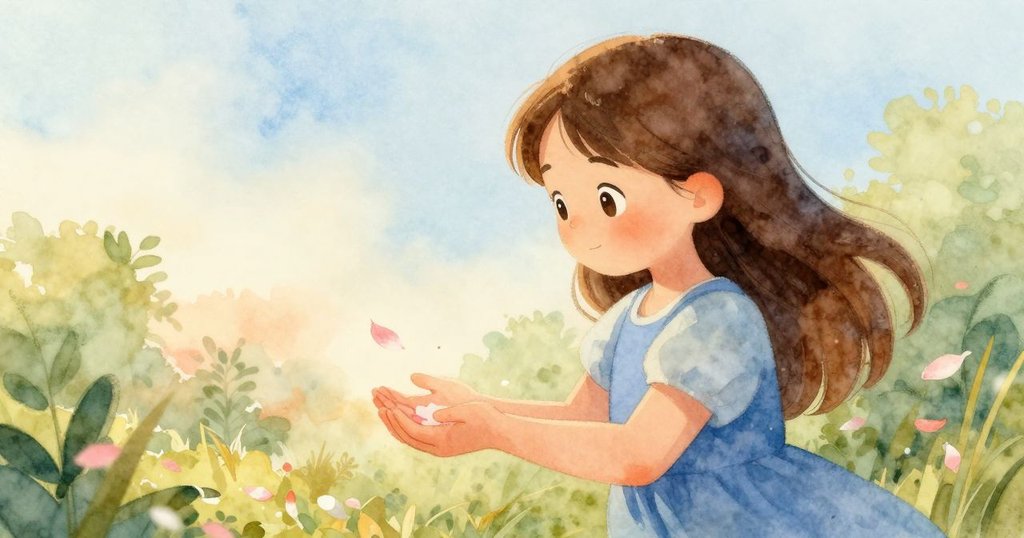 Vera的手心輕扣著落下的粉色花瓣，溫柔光線中展現大自然靜謐悄然問候的美好情景