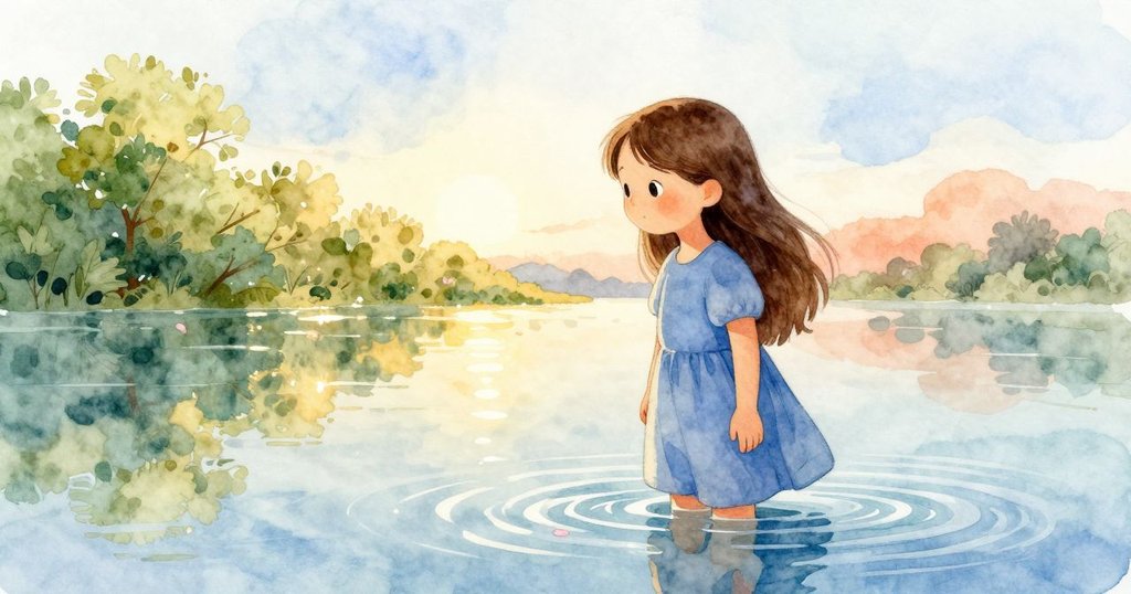 Vera靜注於水中倒影，花瓣隨流水飄散，水面微光映出她專注而平和的神情，充滿靜謐