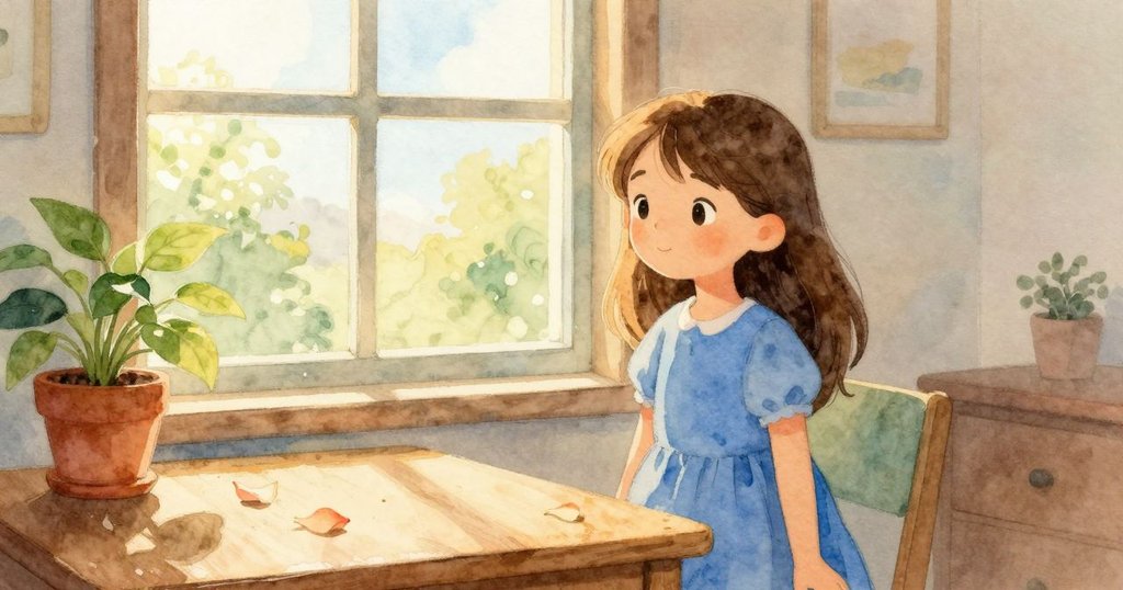 Vera步入溫馨房間，透過窗戶眺望綠意，桌上精心保存的花瓣連接室內外自然美感，臉上洋溢柔和情緒