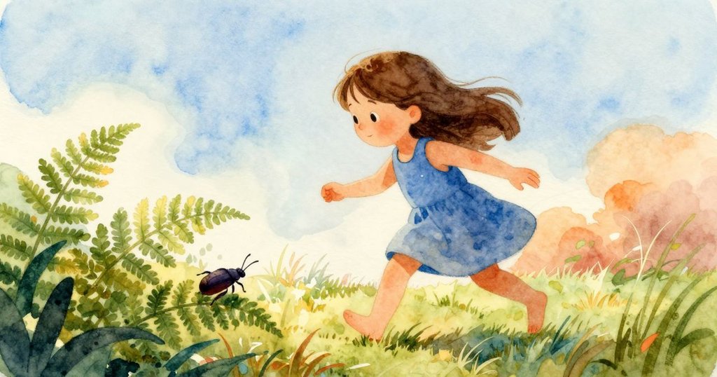 Vera輕快追尋一隻暗色甲蟲，從蕨葉間躍出動感姿態，展現對大自然驚喜與好奇的活力瞬間