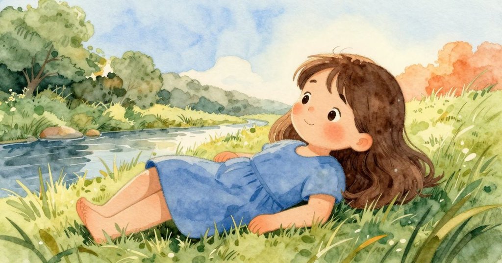 Vera在溪邊柔軟草地上安詳休憩，夕陽溫柔灑下，臉上流露出平靜滿足感，溫暖結束一天的美好經歷