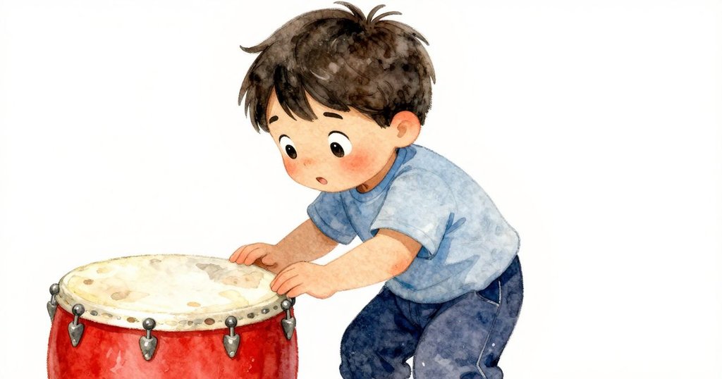 小孩近距離凝視舊玩具鼓，紅色油漆斑駁淡去，眼中流露出好奇與淡淡憂傷。