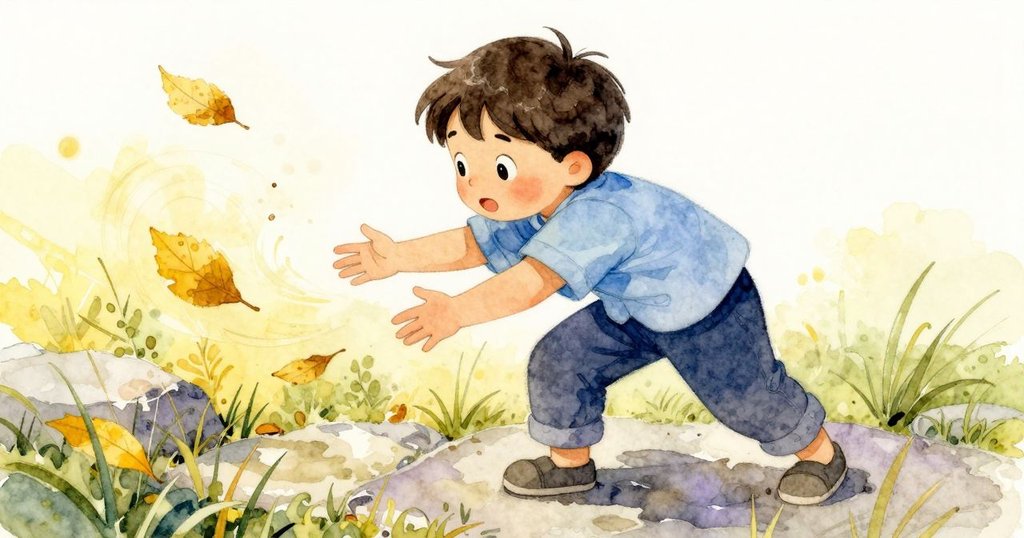 小孩彎腰追逐飄舞黃色落葉，濕潤草地與石上螞蟻共舞，構圖斜向，充滿動感與生氣。