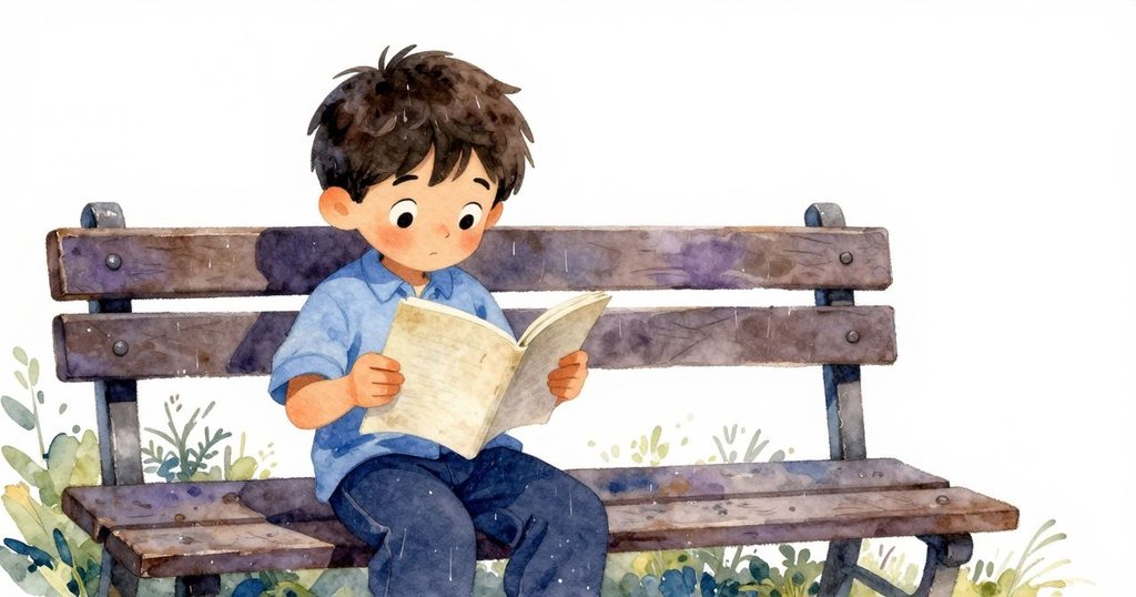傍晚時分，小孩聚精會神閱讀長椅上濕潤泛黃的紙頁，雨後色彩朦朧，流露淡淡憂愁。