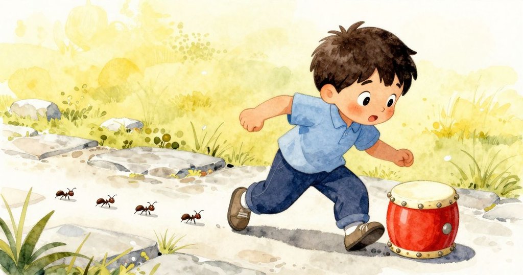 小孩在陽光下追逐整齊行進的螞蟻，石路與自然元素交織，展現純真活力與快樂探險。