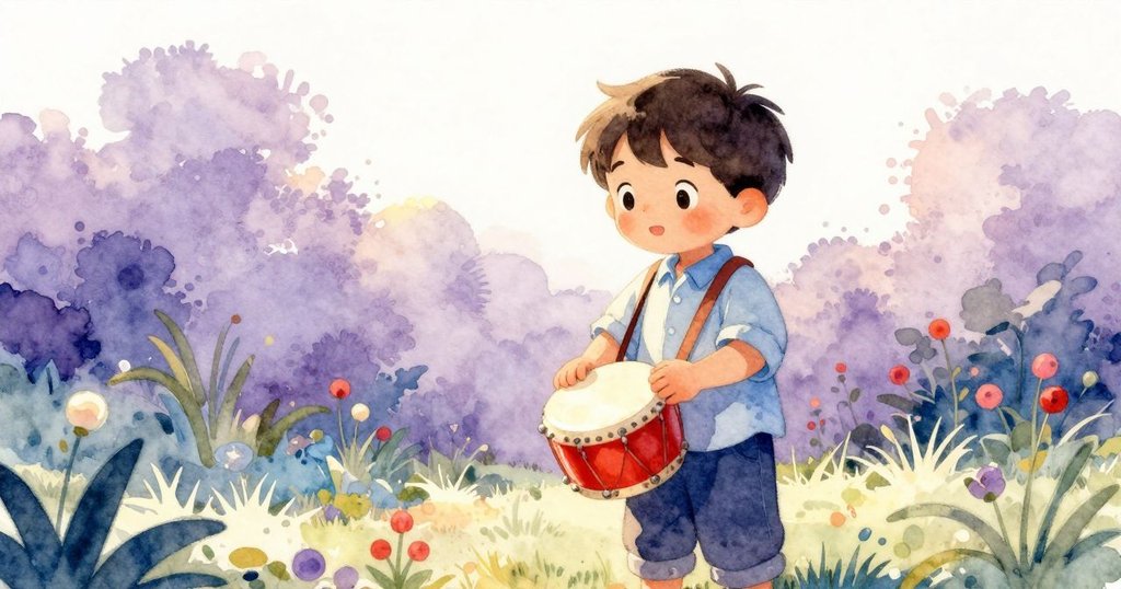 傍晚柔光中，小孩溫柔抱起舊玩具鼓，重拾珍貴回憶，花園靜謐，臉上展現安心與滿足。