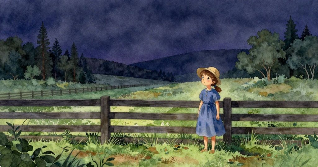 瑪妮站在農場柵欄旁，帽子被高柱子遮蔽，表情安靜且好奇，背景有綠意盎然的稻田。