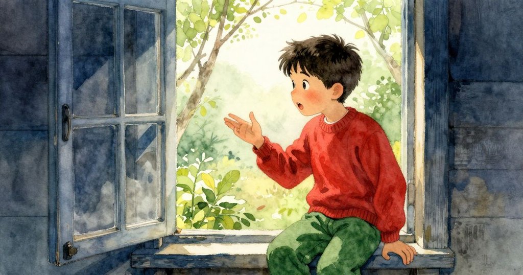 瑞斯與大人在農舍窗邊低語，透過窗戶看見木柵上奇特羽毛，彼此交流充滿關懷。