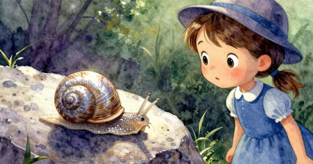 瑪妮沿著石徑前行，發現閃閃銀光的蝸牛黏液跡，水珠猶如細小寶石反射光芒，目光專注。