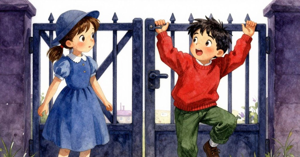 瑪妮伸手觸碰高門閂，瑞斯在旁邊認真解釋，兩人神情緊張充滿謎團，背景呈現農場景致。