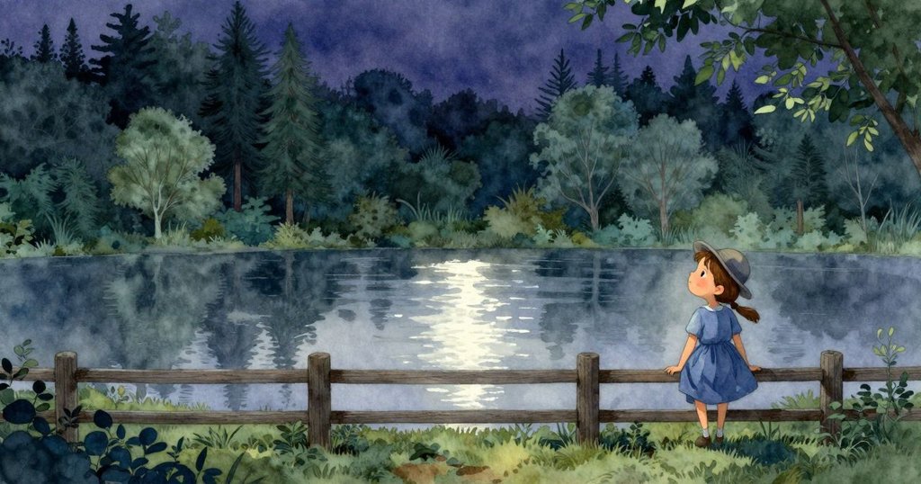 瑪妮在傍晚於農場柵欄旁休憩，眼中流露滿足與平靜，回味一天探索後遺留的閃光痕跡。