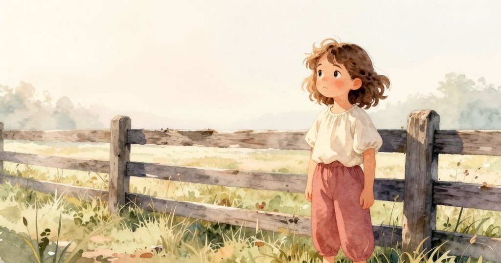 Elowen站在廣闊的草地邊,凝望著有漸暗木紋和露水閃爍的舊柵欄,早晨光線中充滿期待和好奇