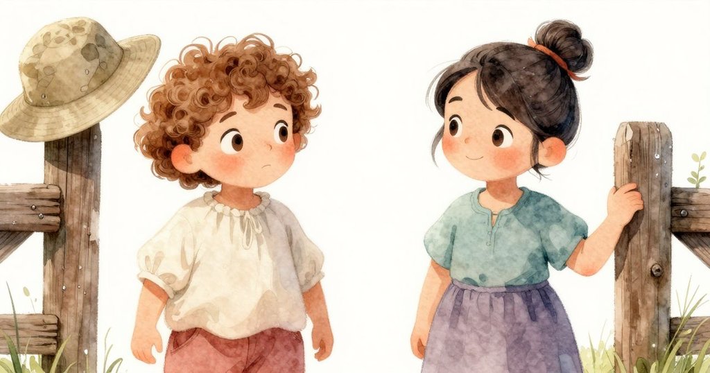 特寫畫面中,露珠閃爍於斑駁木柵欄上,舊門柱上掛著小漁夫帽,展現自然歲月痕跡