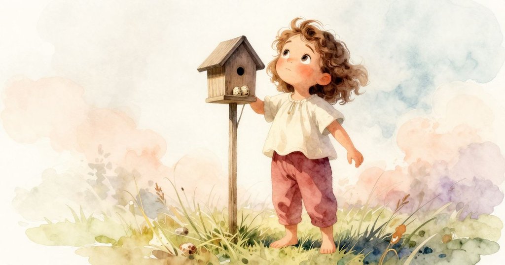 低角度畫面中,Elowen踮腳觀看鳥蛋所在的鳥巢箱,腳下草地嘎吱作響,晨光閃爍映出溫柔期盼